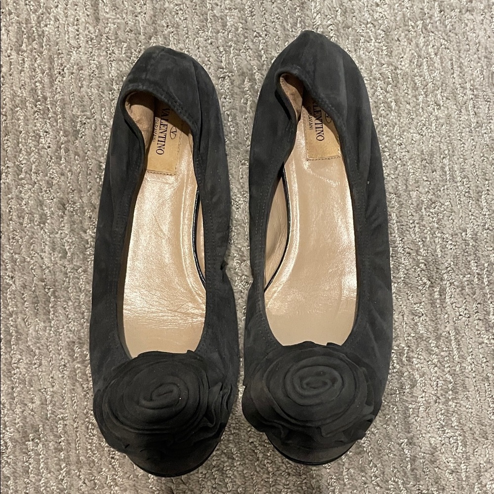 Valentino Black Suede Rosette Ballet Flats
